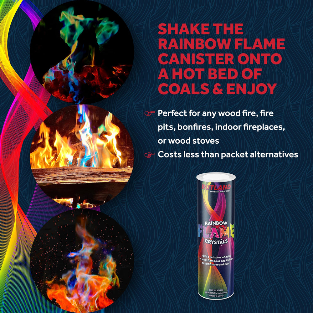 Rutland Rainbow Flame Crystals dancing flames illustrate long-lasting color in a wood fire