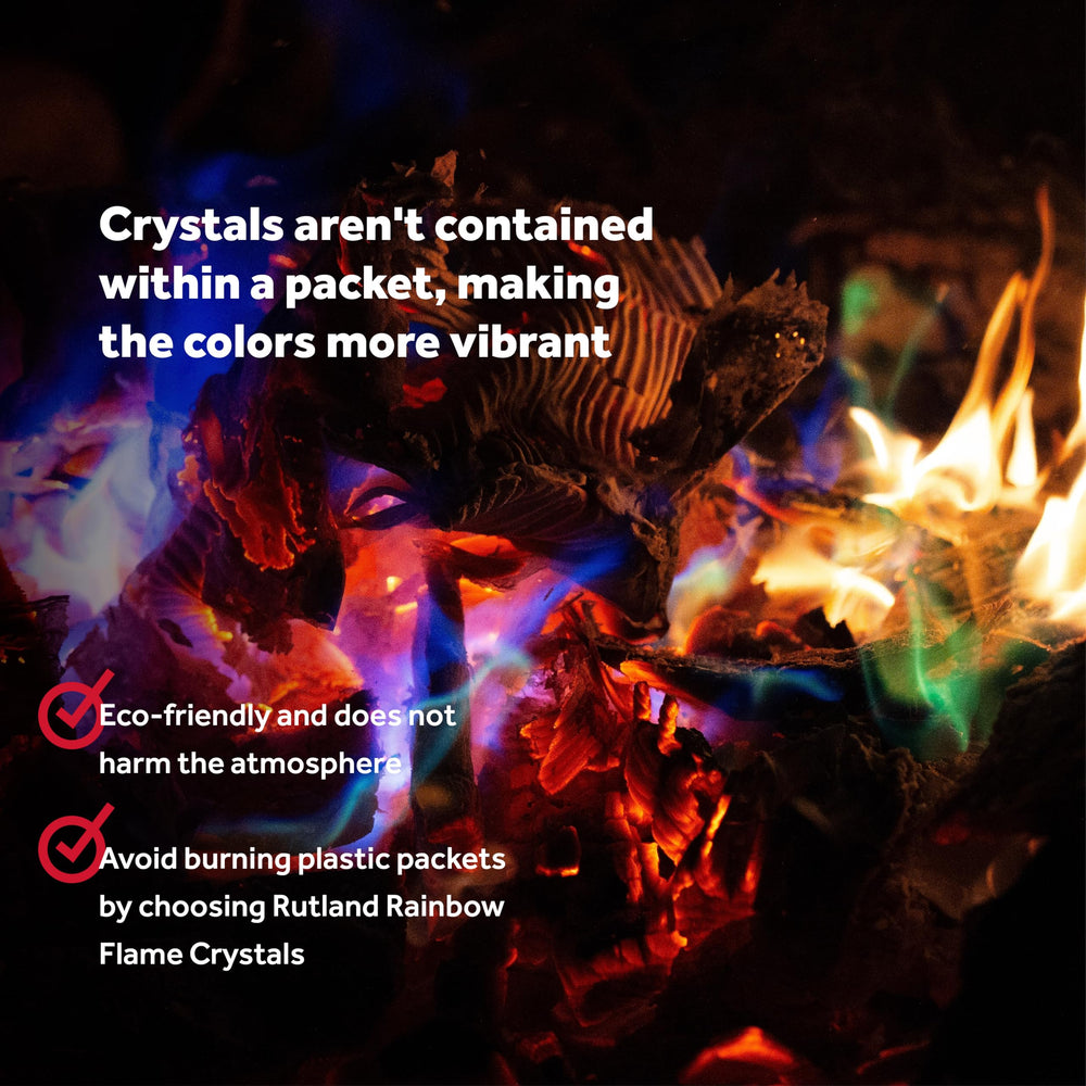 Rutland Rainbow Flame Crystals wood fire adds blue, green, and purple hues