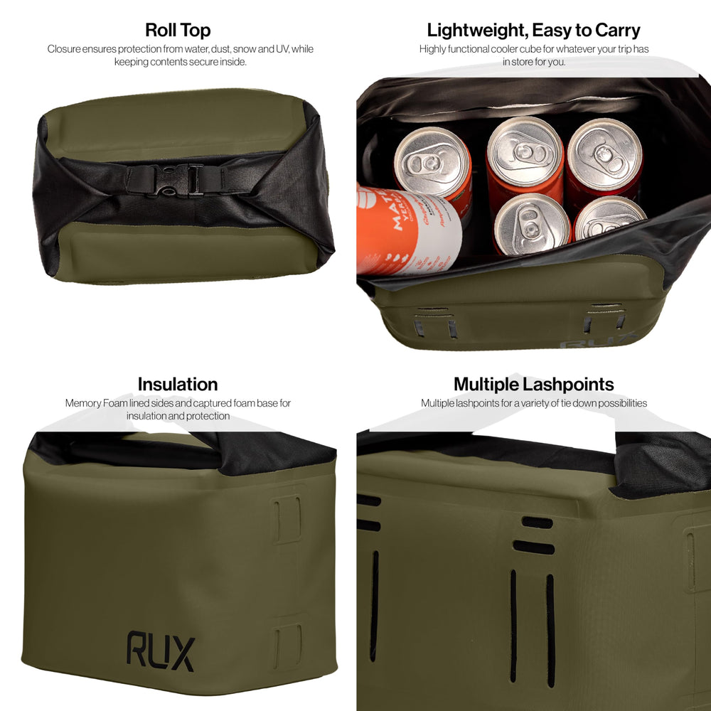 RUX Cooler Cube Green in action camping with drinks and snacks