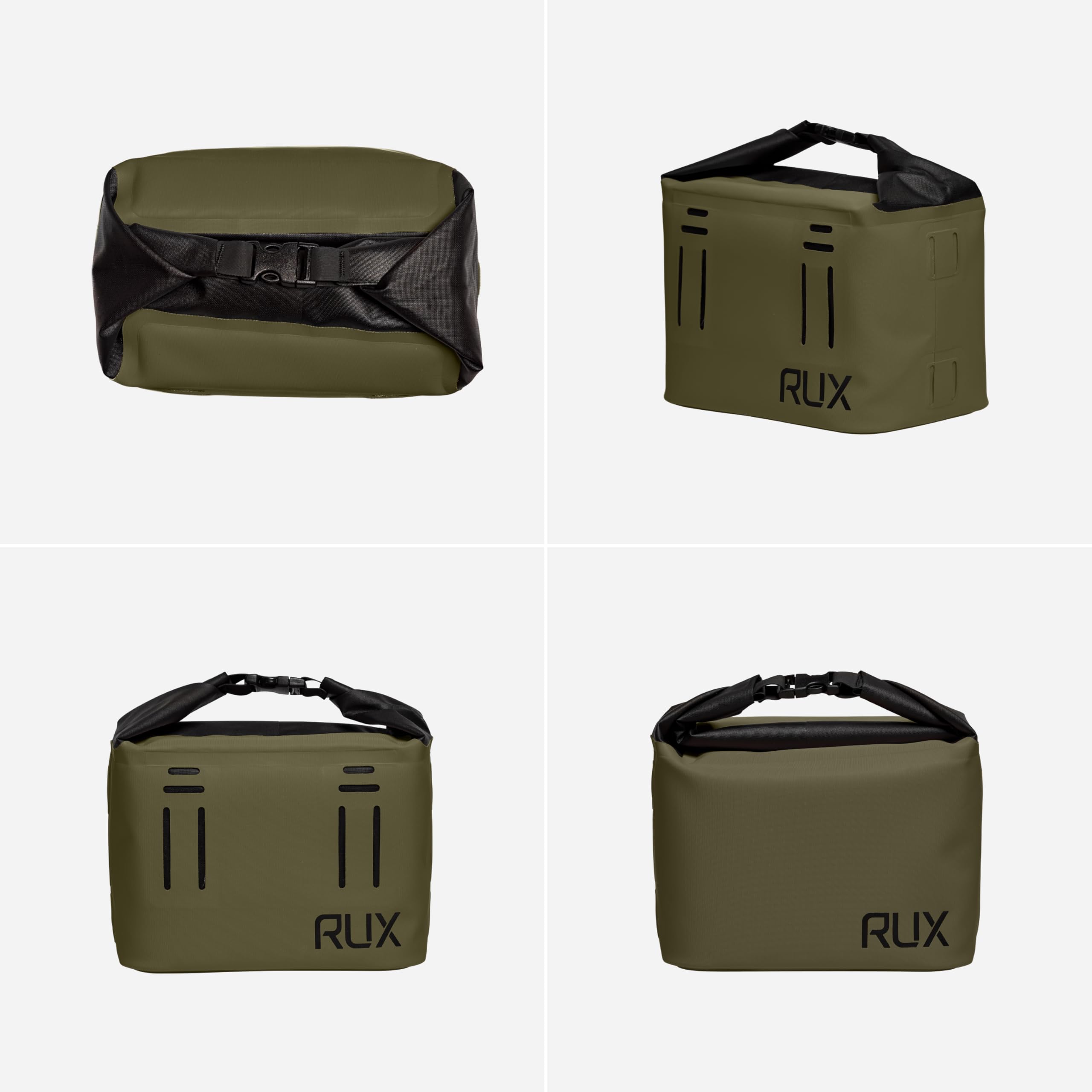 RUX Cooler Cube Green roll-top lid demonstrating weather sealing and security