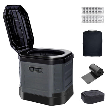 RWORCP portable camping toilet folded compact for simple storage during trips.