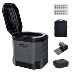 RWORCP portable camping toilet folded compact for simple storage during trips.