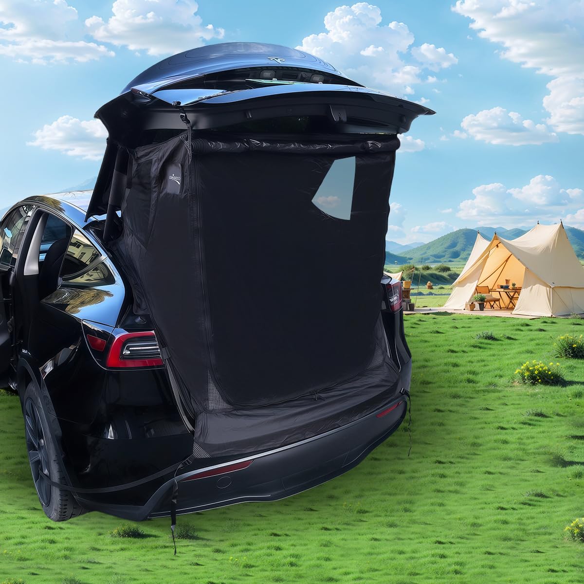 RXQNN Tesla Model Y tailgate tent use showing private shade and shelter