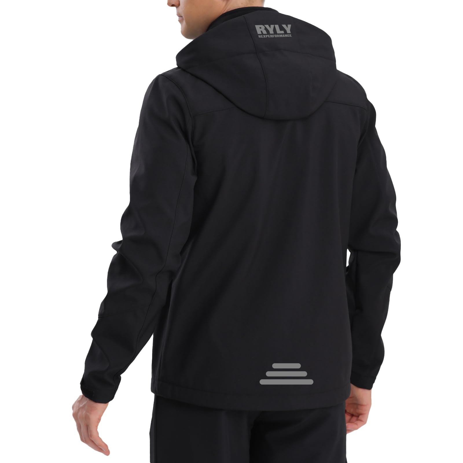 RYLY rexperformance jacket hooded side view highlighting flexible fabric for active movement.