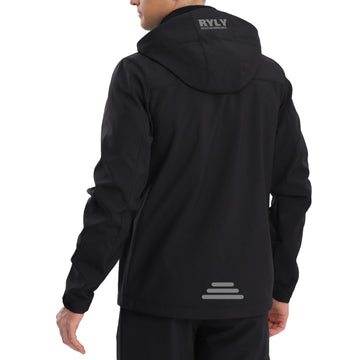 RYLY rexperformance jacket hooded side view highlighting flexible fabric for active movement.