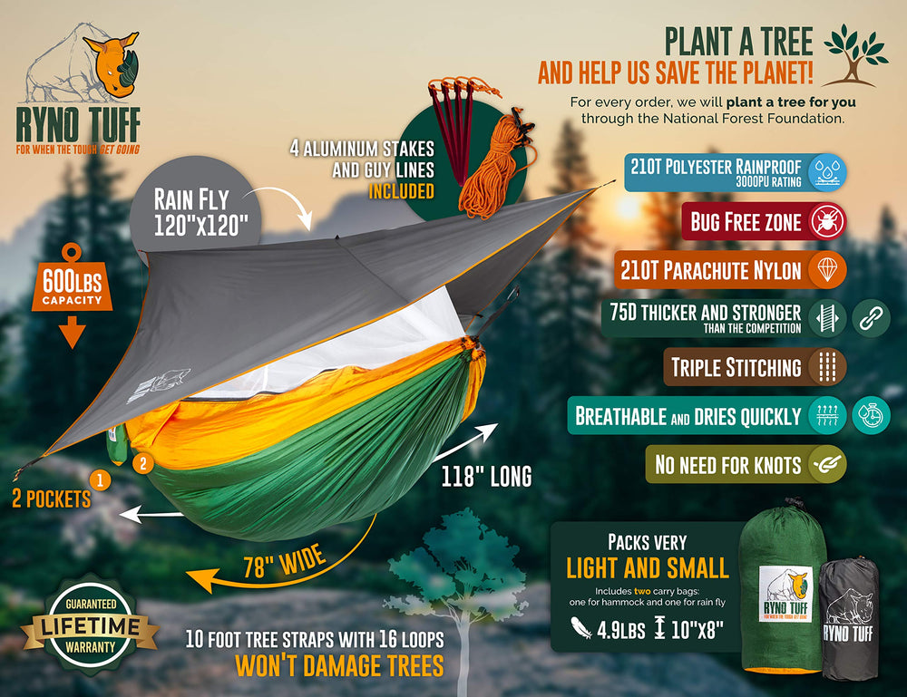 Ryno Tuff XL hammock rain fly protects you during camping