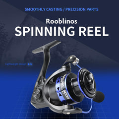 Close-up of CNC aluminum blue spool on RYOBI RANMI Easting reel