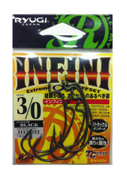 Ryugi HIN051 Infini 3/0 offset hook product shot highlighting dull-resistance and rigidity.