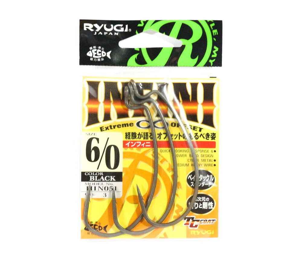 Ryugi Infini HIN051 6/0 hook angled view showing optimal line-eye alignment for secure hook sets.