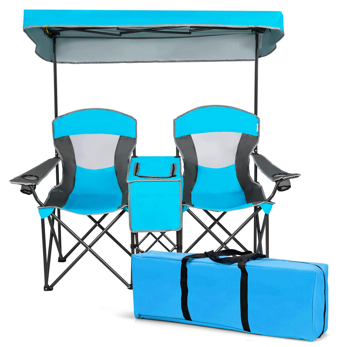 S AFSTAR double camping chair with canopy blue for shaded two-person seating outdoors.