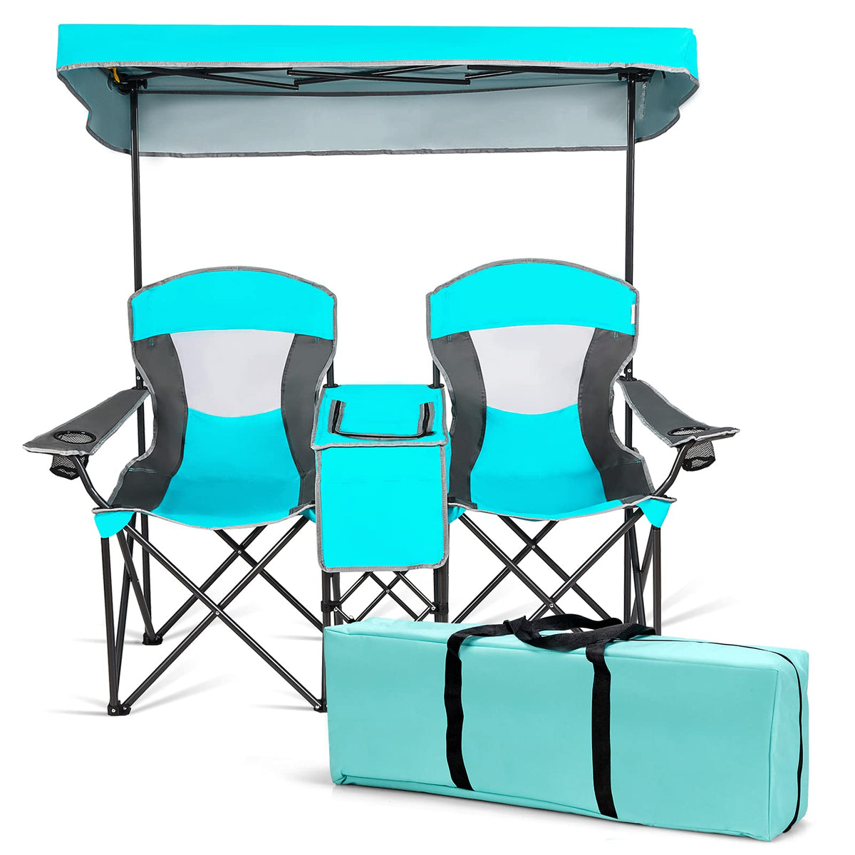 S AFSTAR double camping chair with canopy turquoise offers shaded outdoor seating.