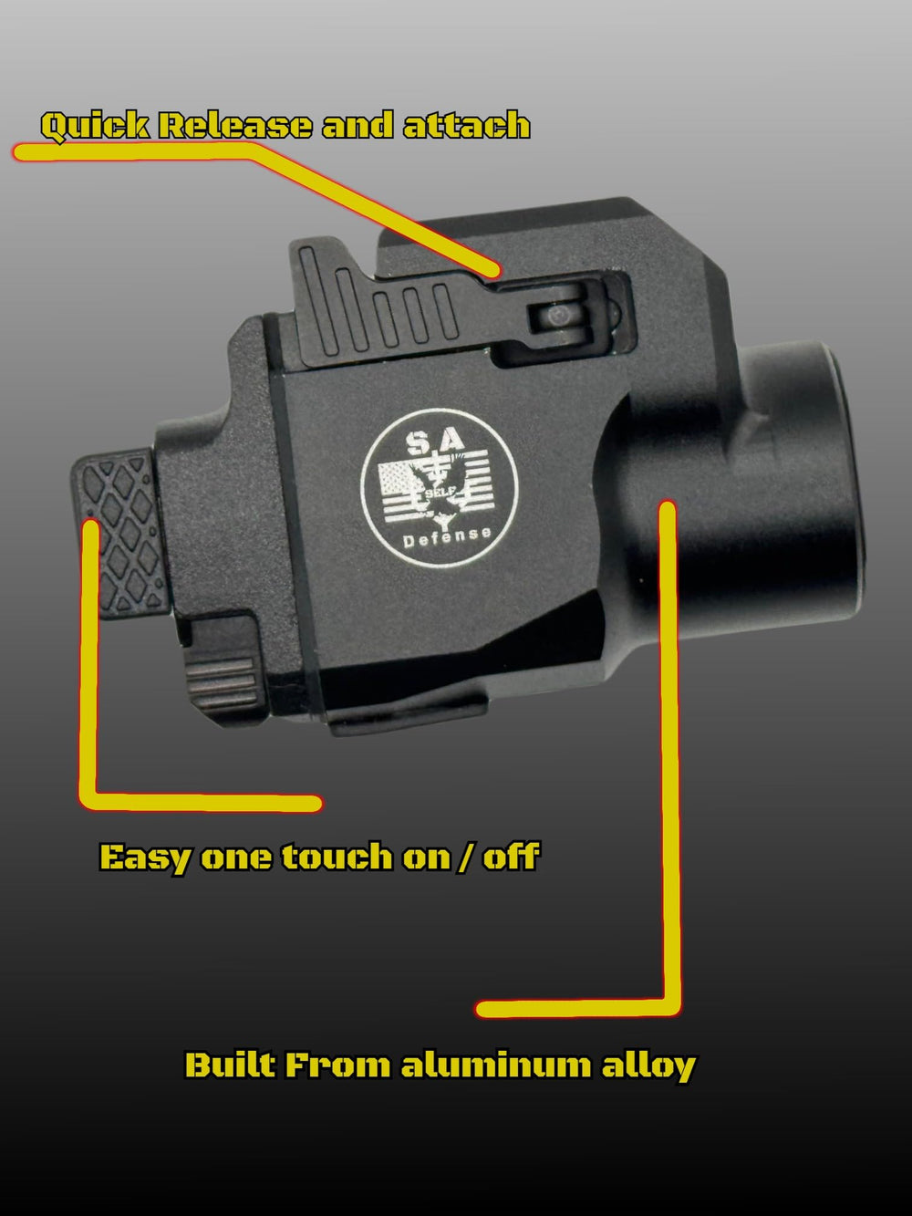 S.A. Self Defense mini laser light sight 1300-lumen LED for clear nighttime visibility.