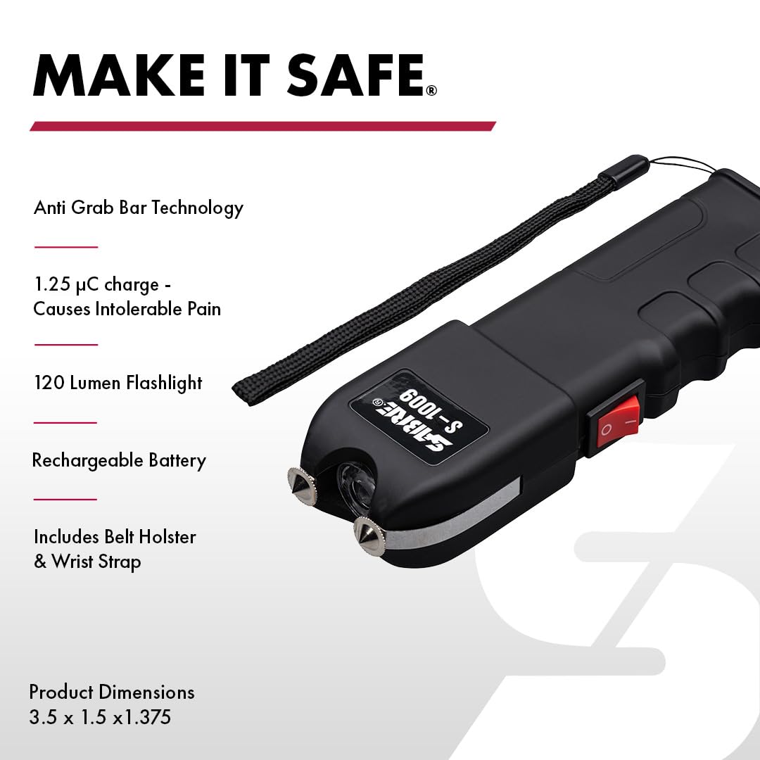 SABRE 3-in-1 stun gun with built-in flashlight and anti-grab bar
