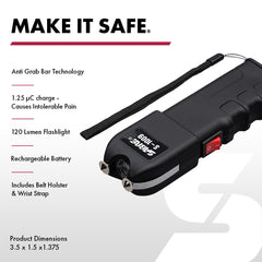 SABRE 3-in-1 stun gun with built-in flashlight and anti-grab bar