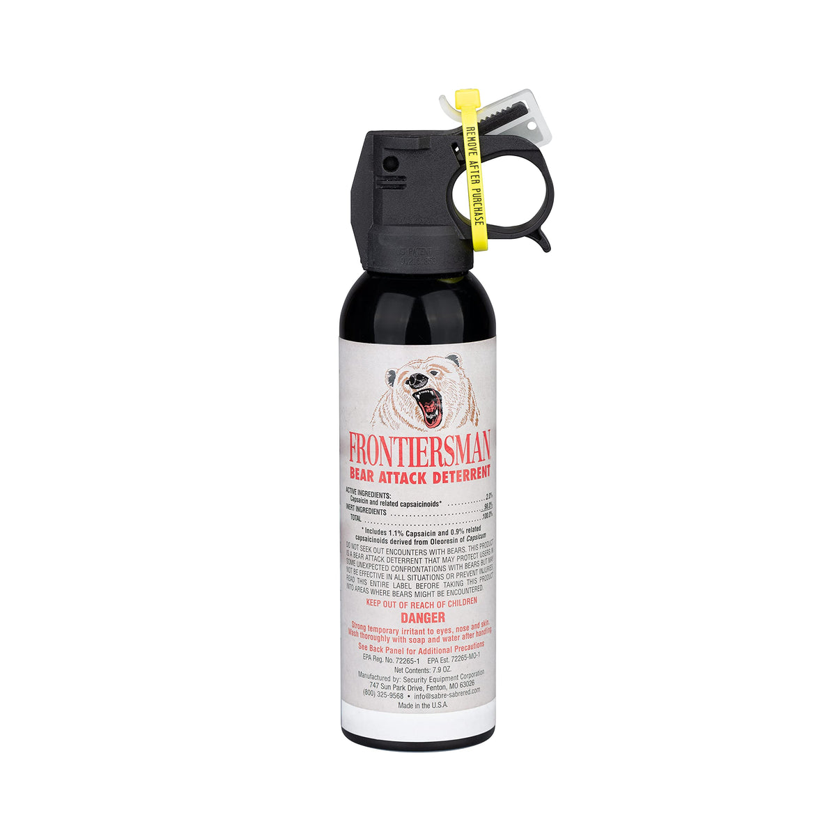 SABRE Frontiersman 7.9 oz bear spray canister for long-range protection up to 30 feet.