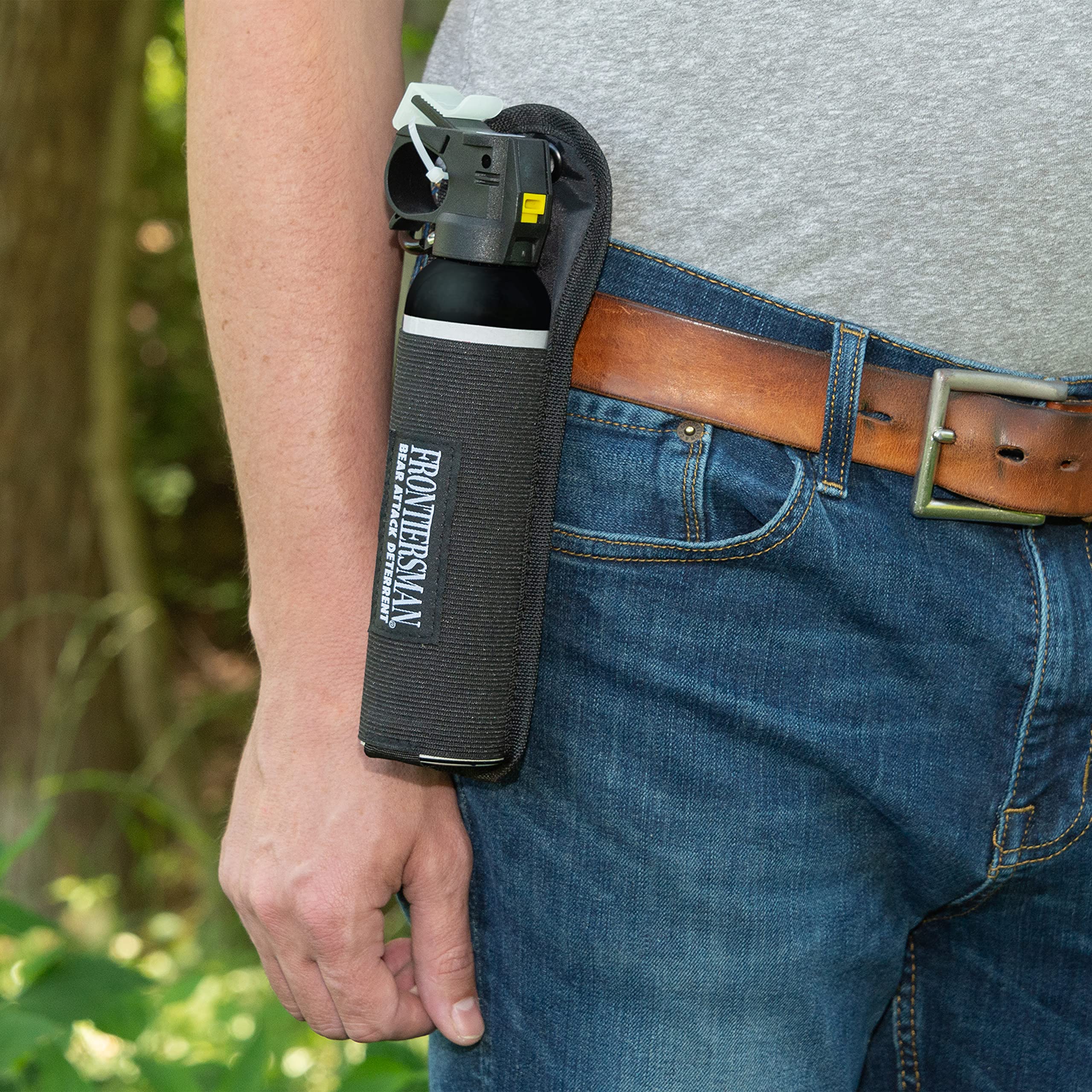 No Velcro design on SABRE Frontiersman holster for silent bear spray access