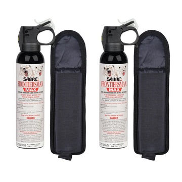 SABRE Frontiersman Max bear deterrent spray with a 40-foot range for hikers.