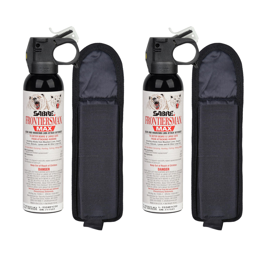 SABRE Frontiersman Max bear deterrent spray with a 40-foot range for hikers.