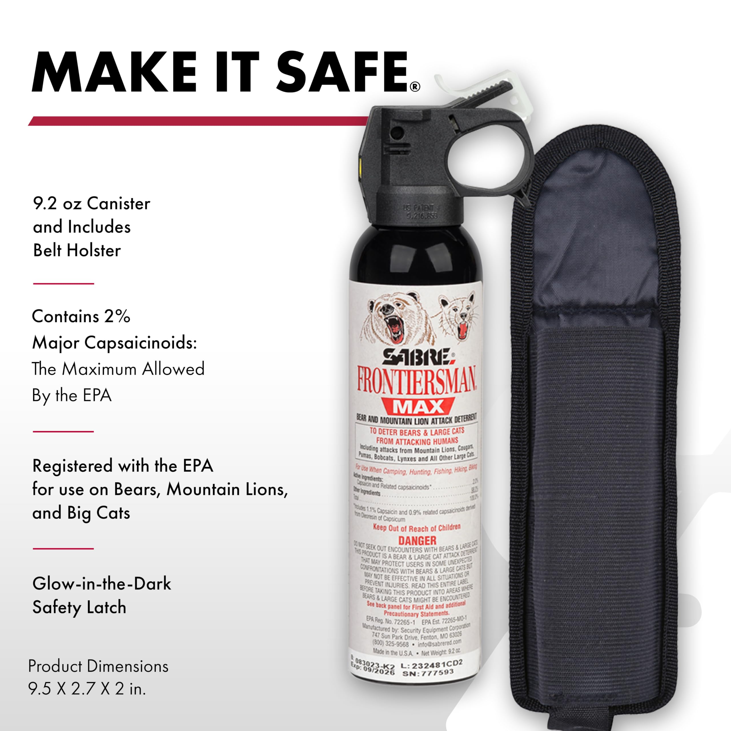 SABRE Frontiersman Max bear deterrent canister on a trail for portability.