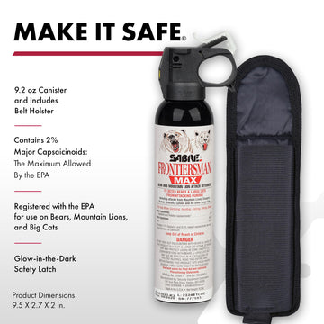 SABRE Frontiersman Max bear deterrent canister on a trail for portability.