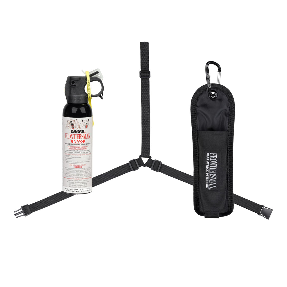 SABRE Frontiersman Max bear deterrent canister for quick outdoor protection.