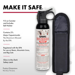 SABRE Frontiersman Max bear deterrent canister on a trail for portability.