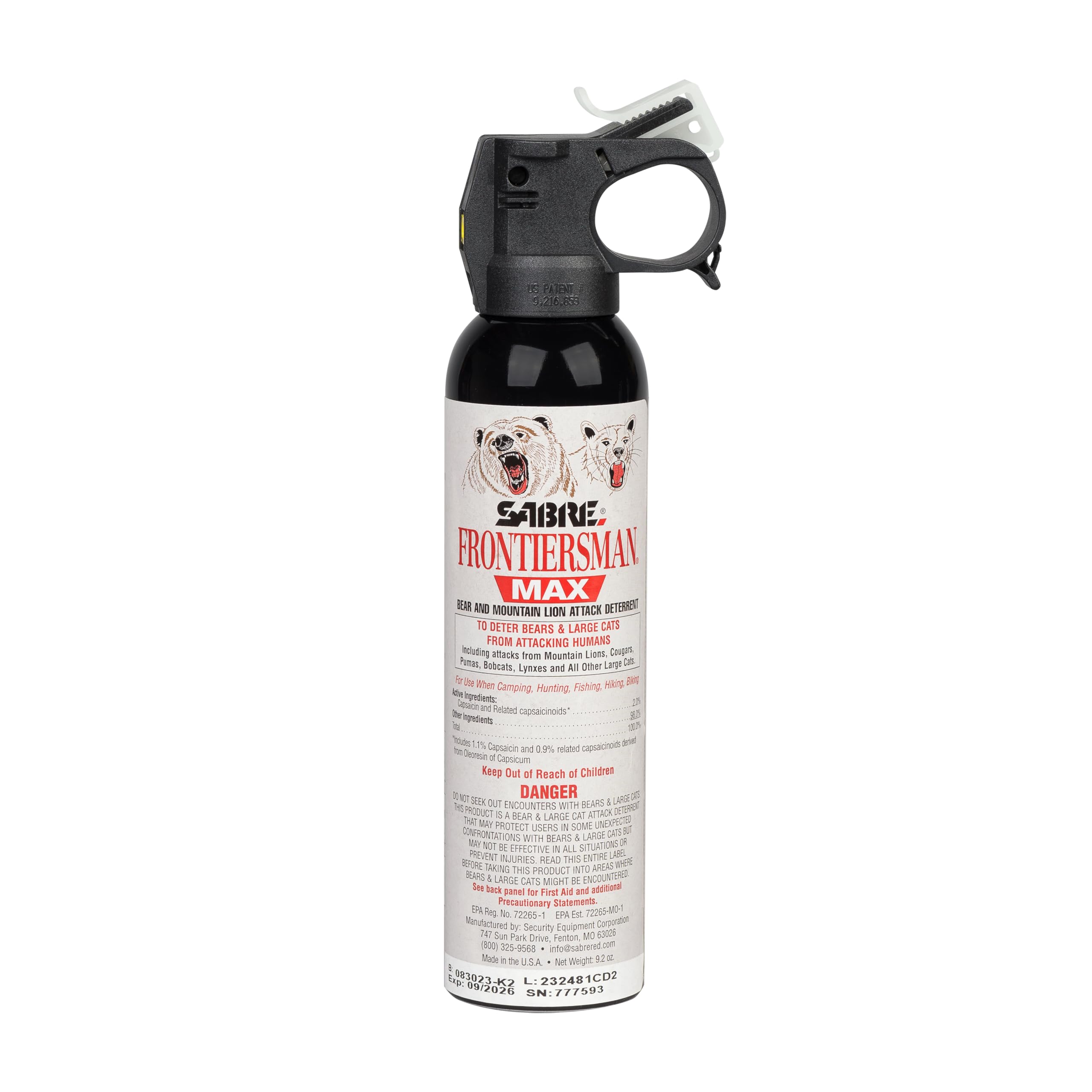 SABRE Frontiersman Max bear deterrent can for quick access during encounters.