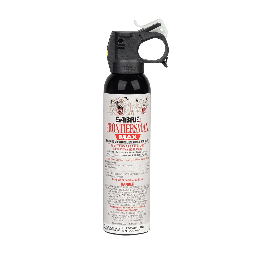 SABRE Frontiersman Max bear deterrent can for quick access during encounters.
