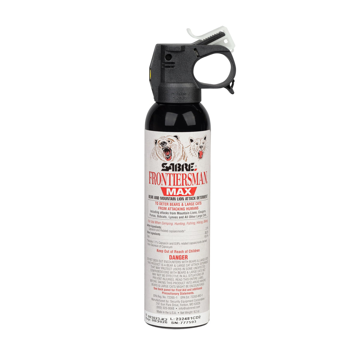 SABRE Frontiersman Max bear deterrent can for quick access during encounters.