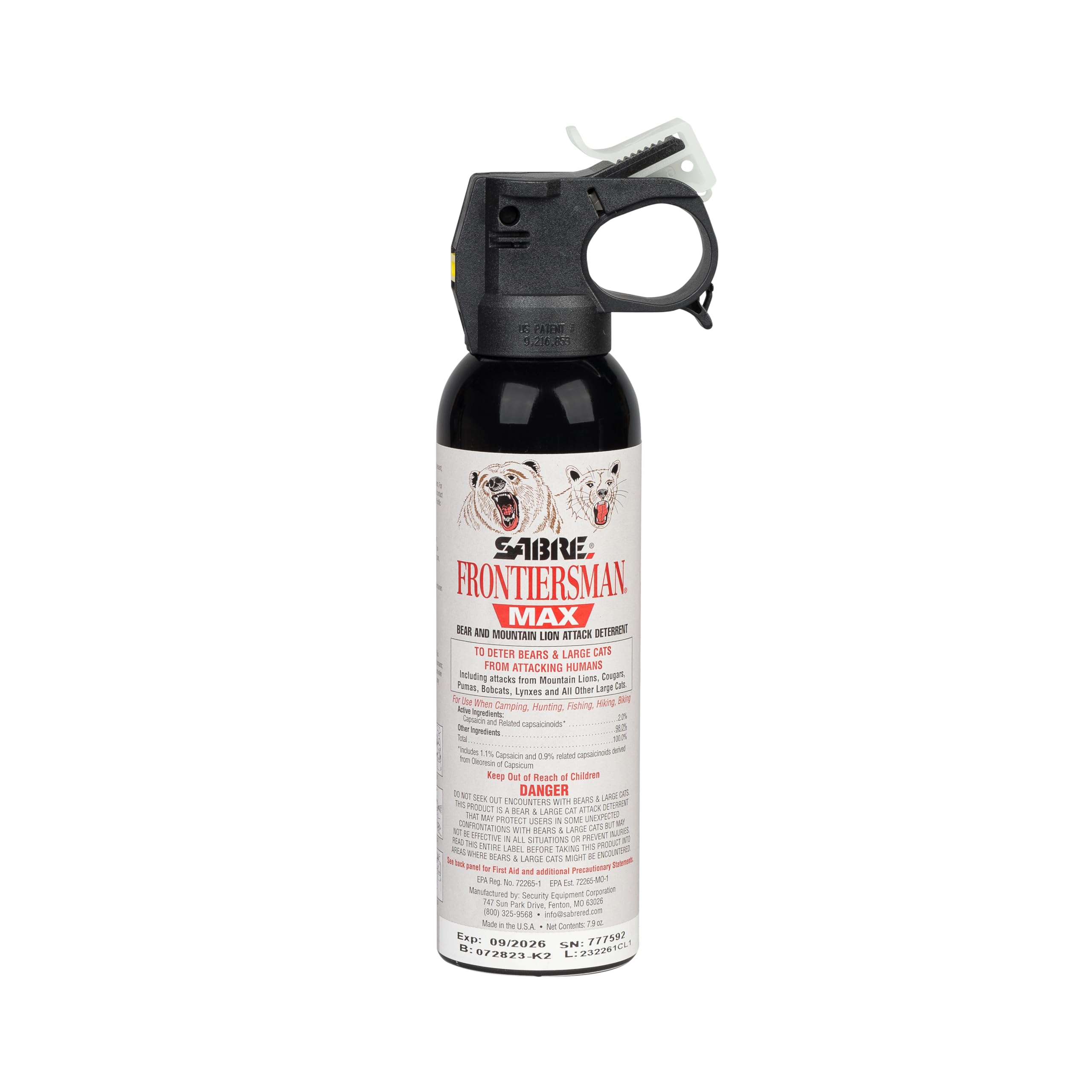 SABRE Frontiersman Max bear spray canister ready for backcountry protection.