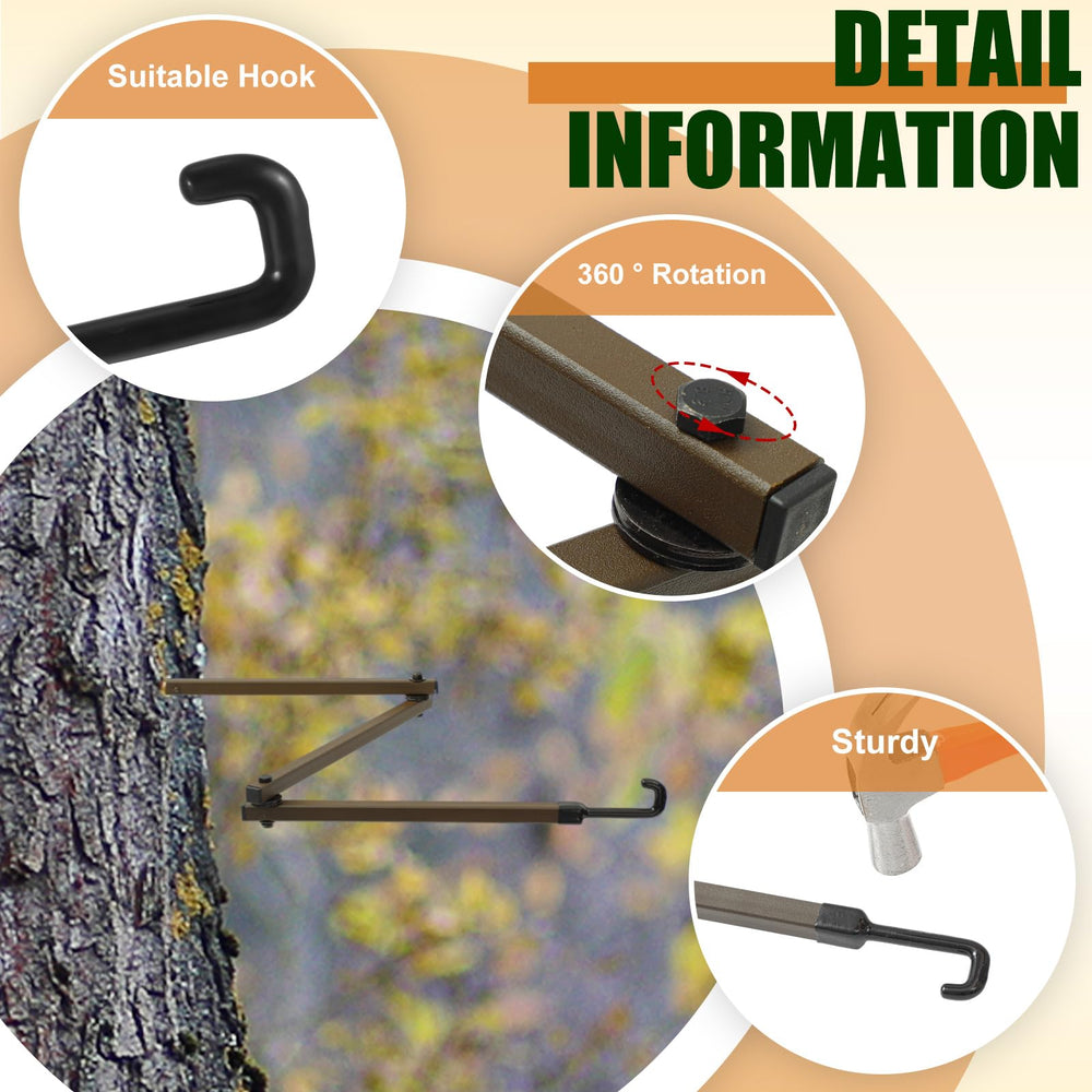 Sadnyy bow hangers mounted on tree stand for secure storage.