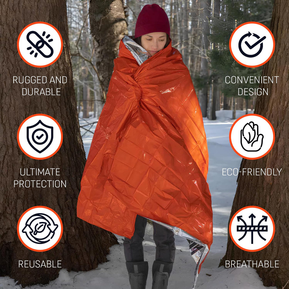 Orange exterior and silver interior of the Safe OTG blanket for high visibility and heat reflection.