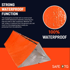 SAFE OTG emergency survival tent open setup demonstrates fast deployment in minutes.