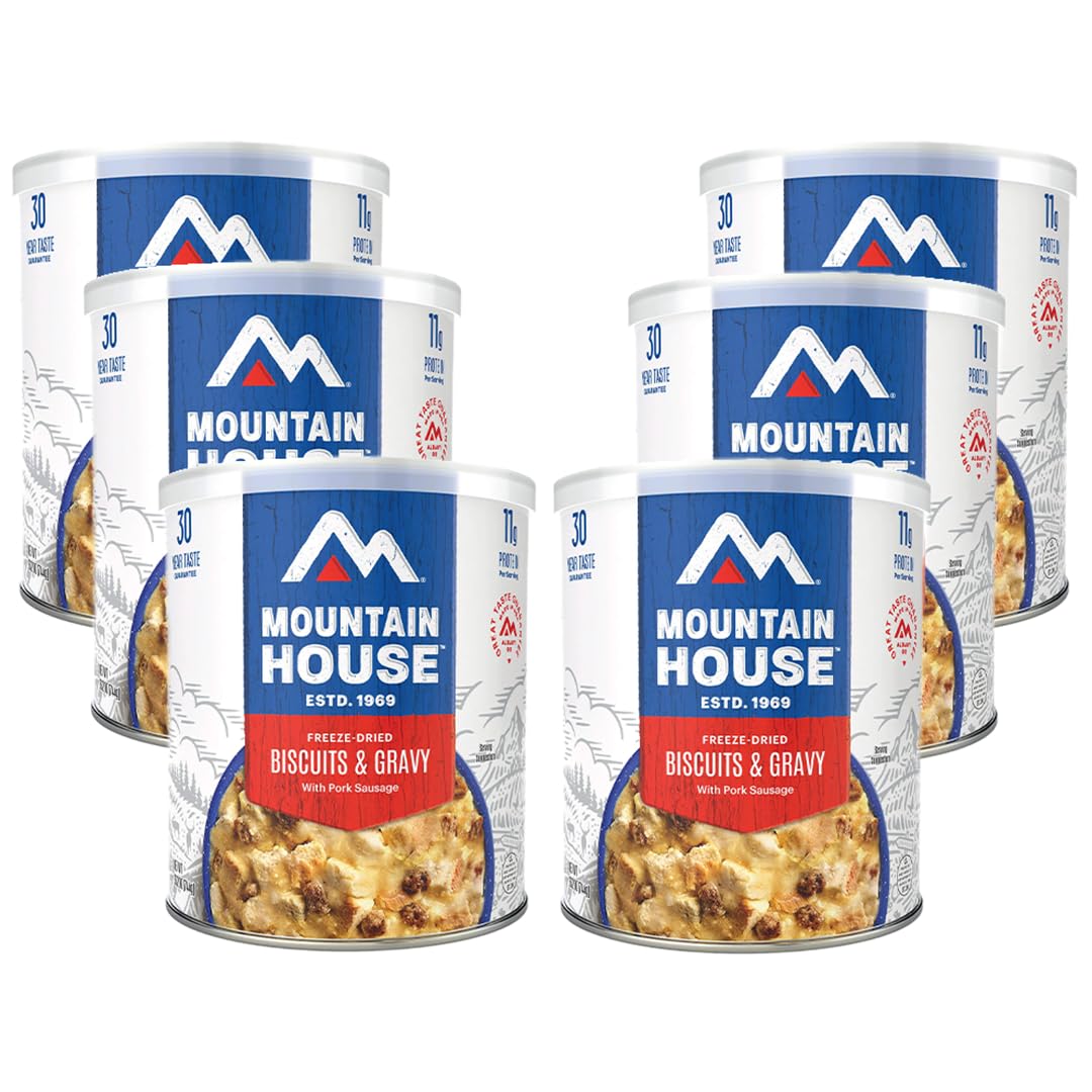 SAFECASTLE Mountain House Biscuits & Gravy can—ready-to-eat emergency breakfast.