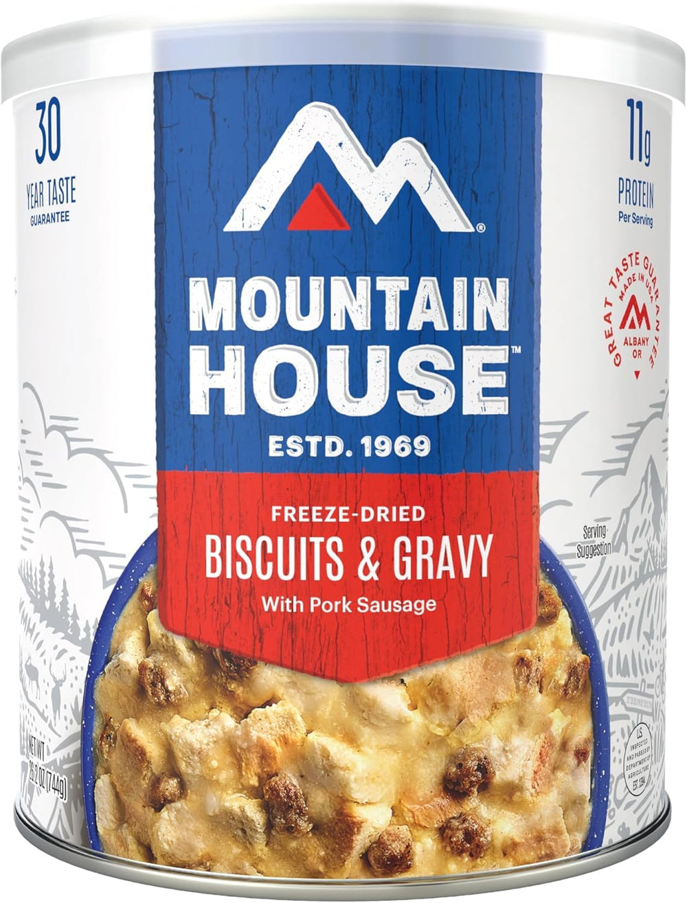 SAFECASTLE Mountain House Biscuits & Gravy close-up—crisp sausage crumbles and pepper gravy.