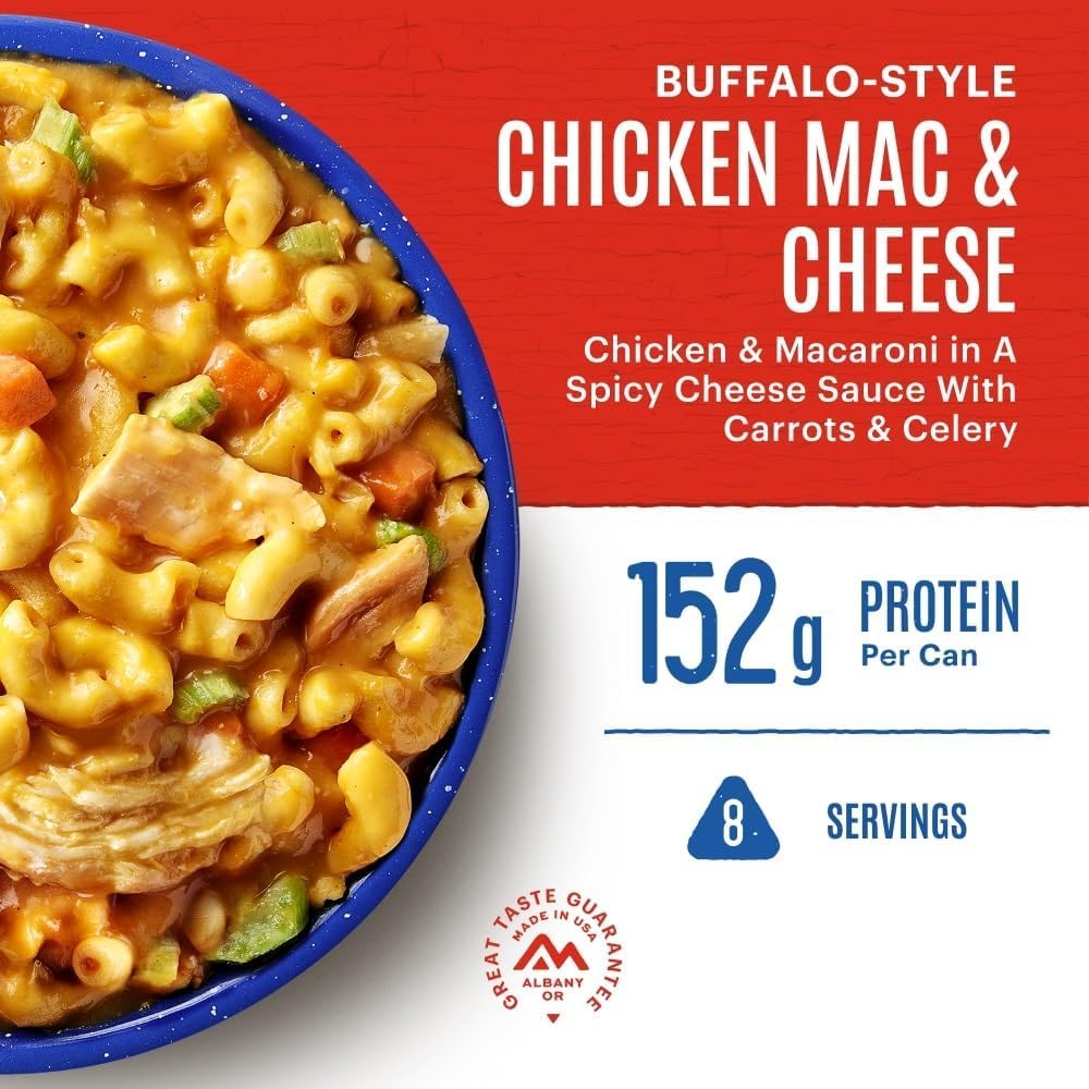 SAFECASTLE close-up of freeze-dried Chicken Mac & Cheese texture for storage appeal