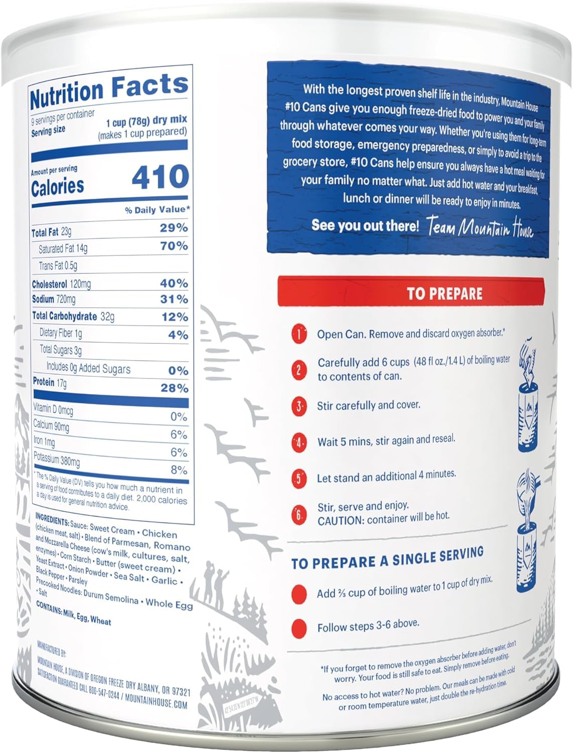 SAFECASTLE Mountain House Alfredo with Chicken can freeze-dried nutrition for outdoor meals