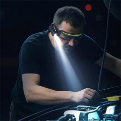 Hands-free lighting from Safety Glasses with blue headlight for fishing.
