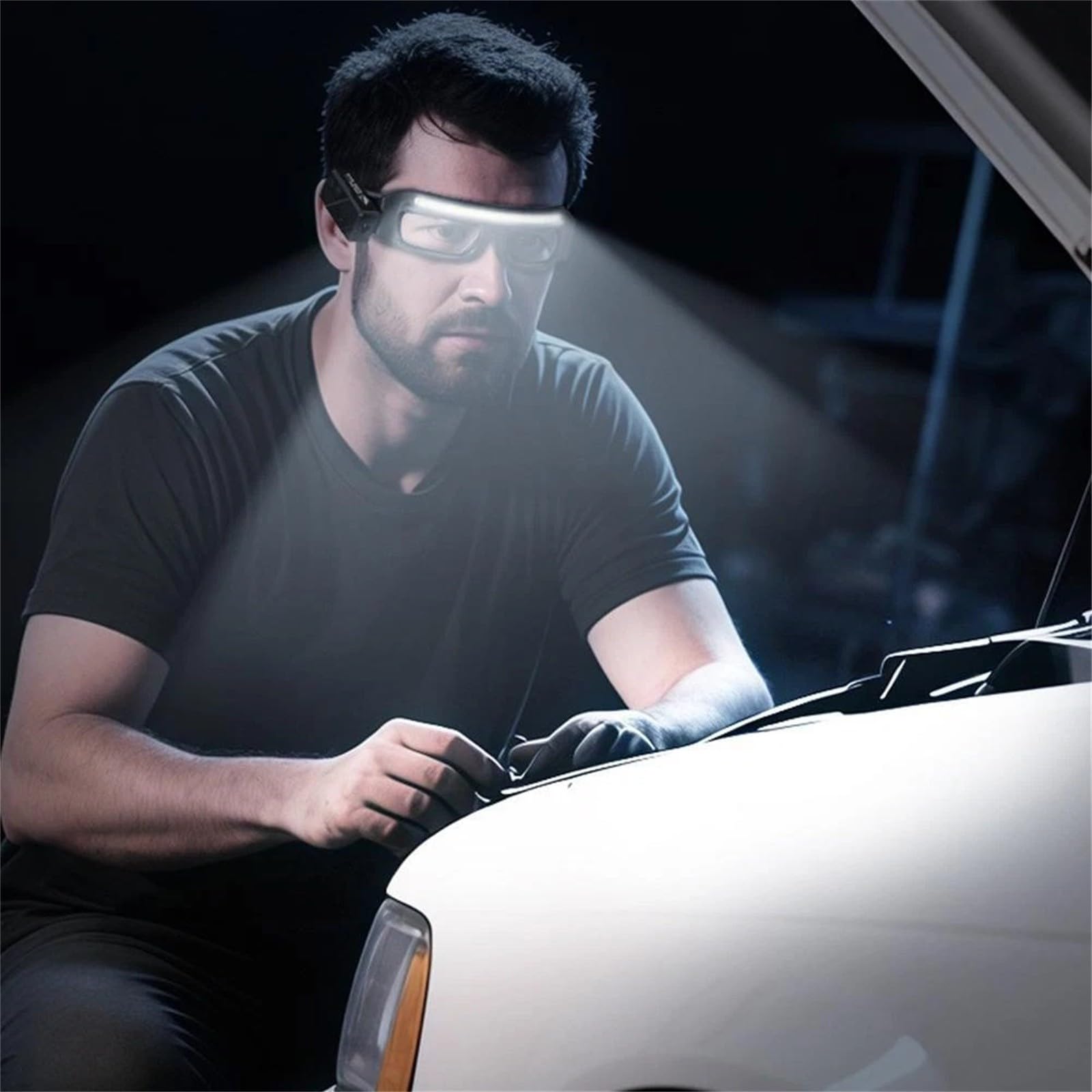 USB-C rechargeable headlight on Safety Glasses for long outdoor trips.