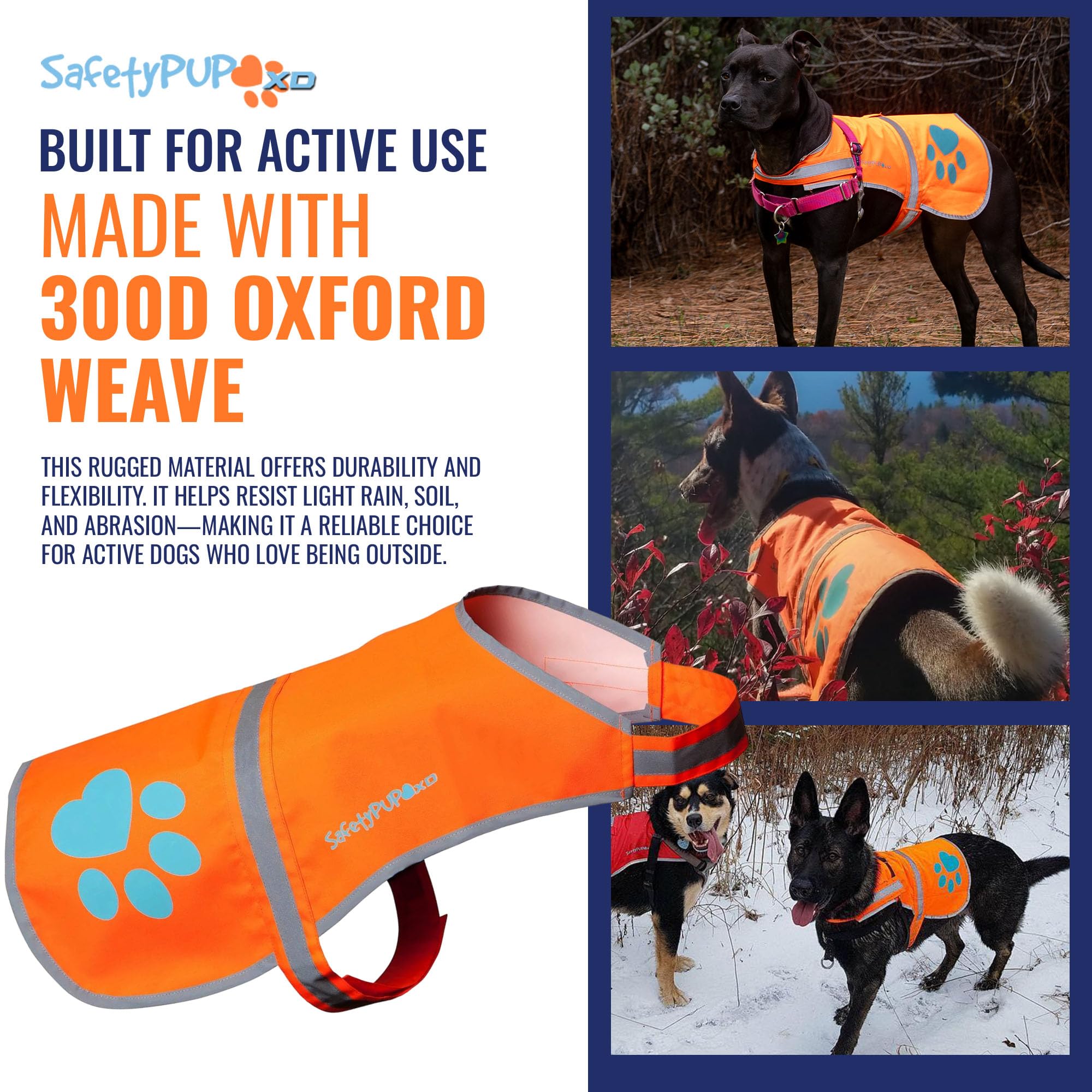 Bright orange SafetyPUP XD vest with high-visibility for low light