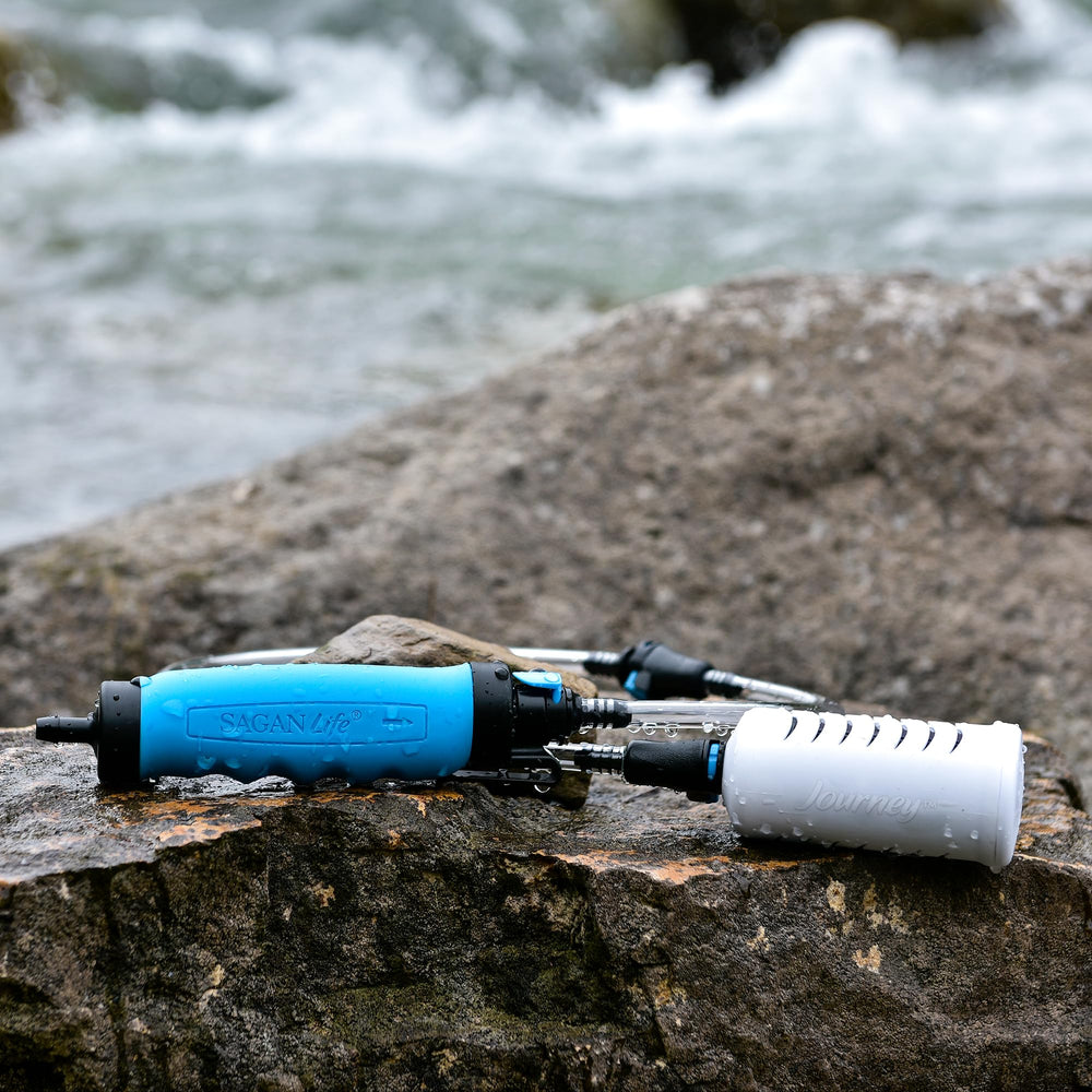 Sagan Life AquaDrum 55G Drum Filter setup ready for group camping