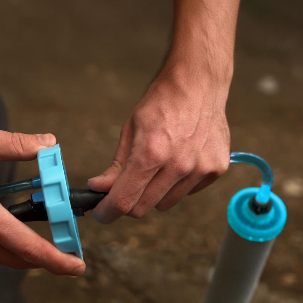 AquaBrick setup image demonstrates practical off-grid purification with Duraflo.