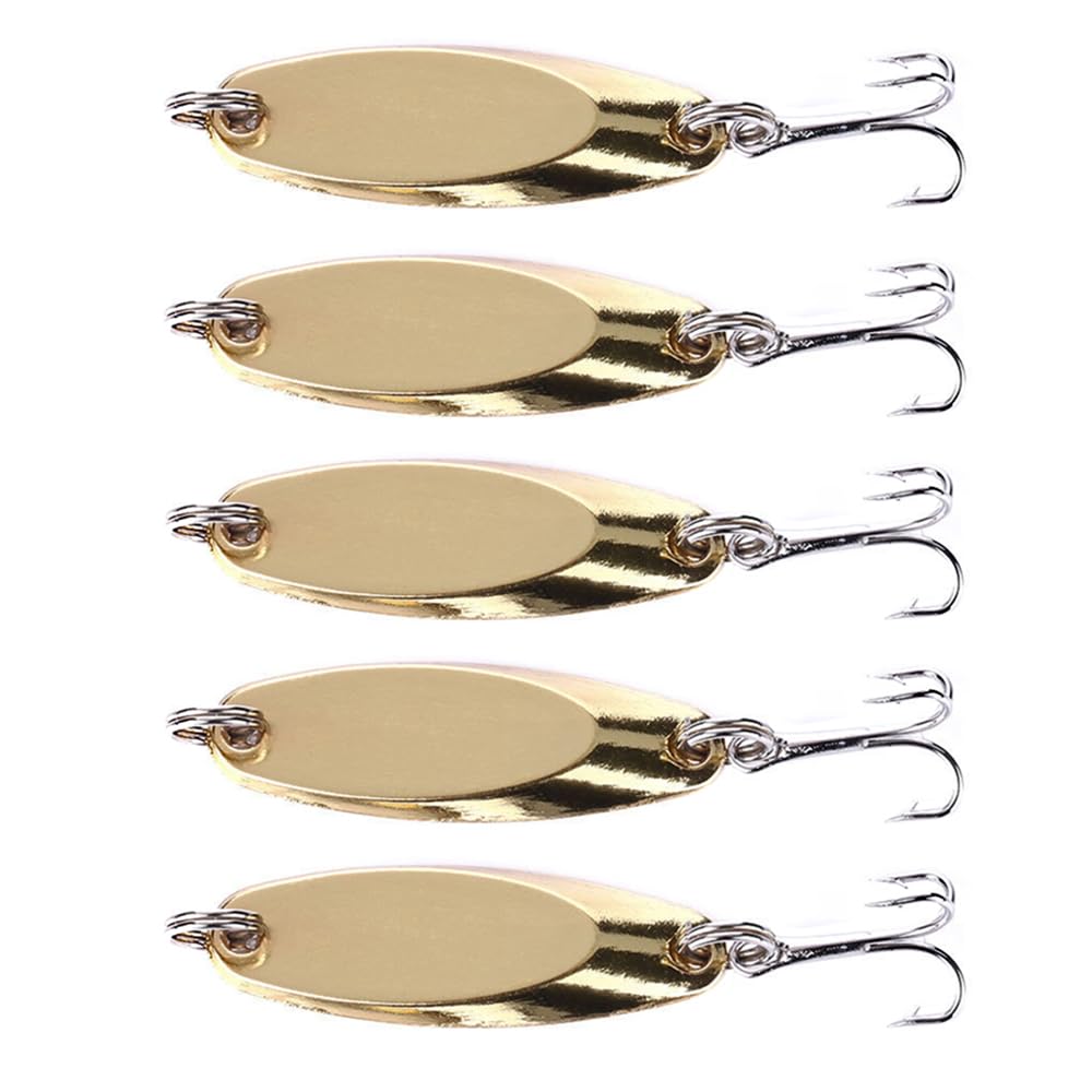 SagaSave 5Pack spoon lure gold close-up, highlighting eye-catching shine to attract fish.