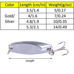 SagaSave spoon-shaped gold lure side view showing sharp treble hooks for penetration