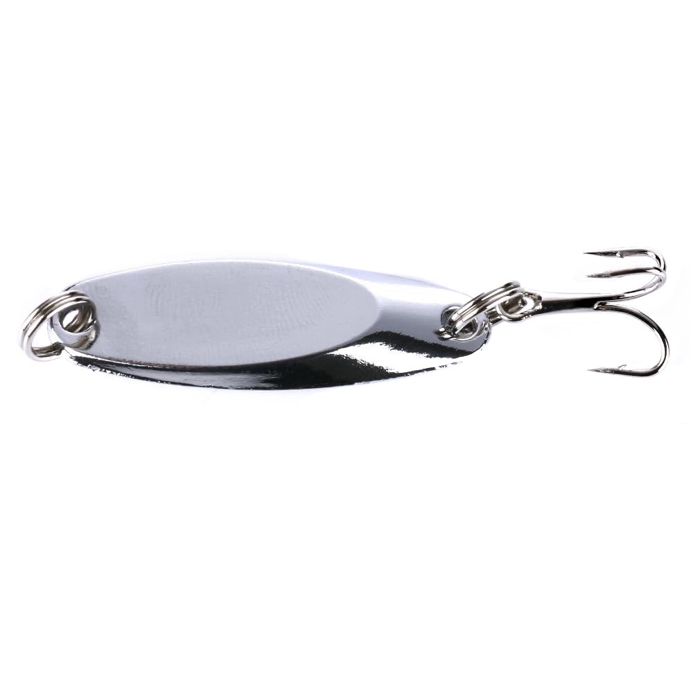 SagaSave silver spoon-shaped lure, front view; emits vibrations to attract bites.