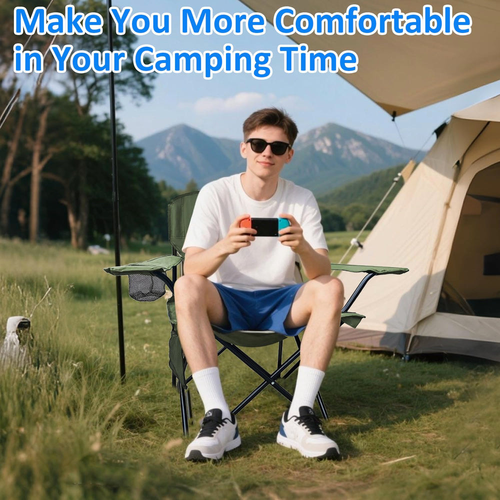 SAILARY folding camping chair green beach scene conveys ideal setup for seaside outings.