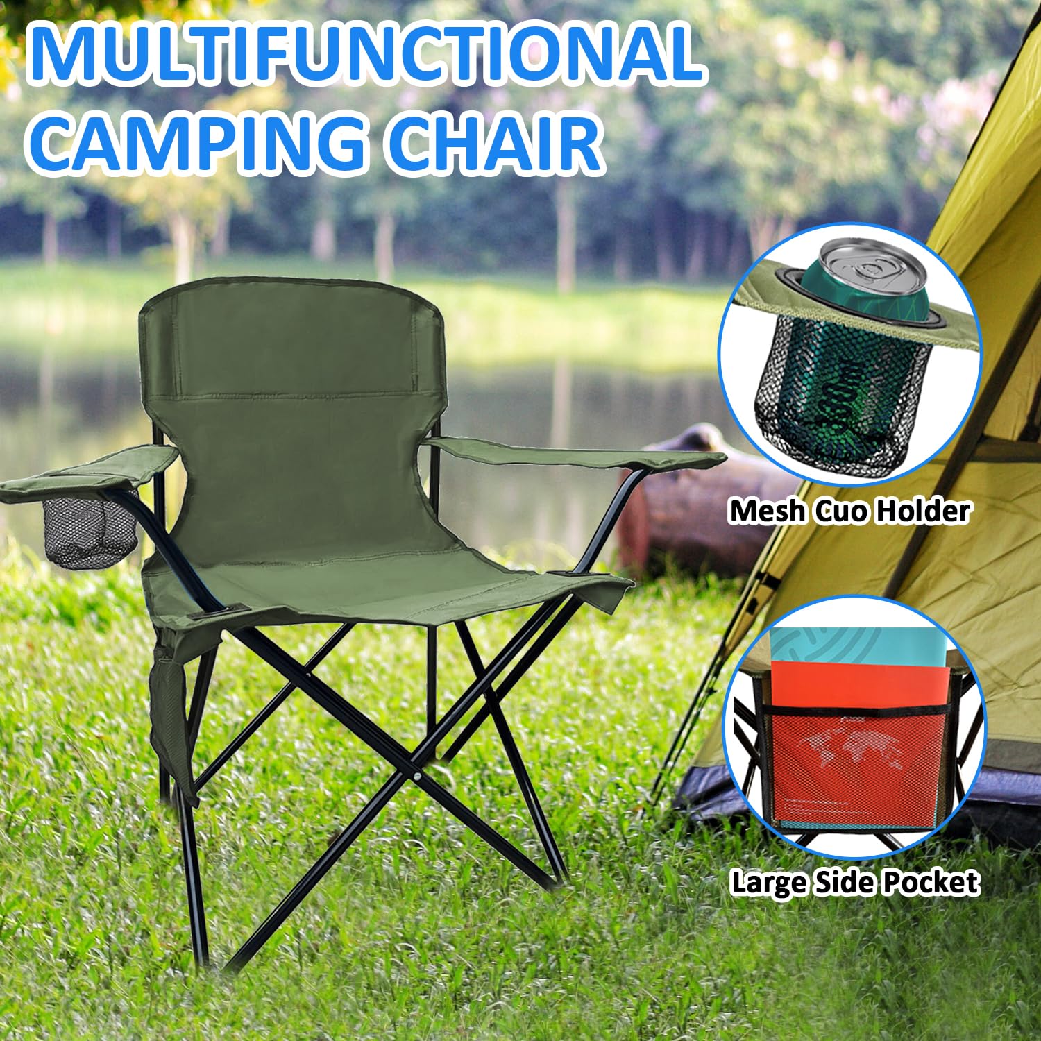 SAILARY folding camping chair green cup holder keeps drinks secure during outdoor downtime.