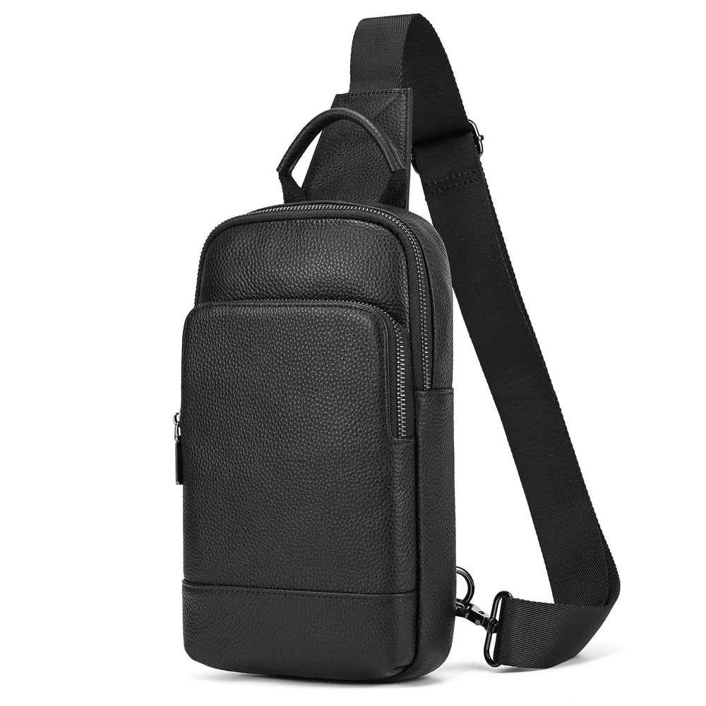 SAIION genuine leather sling bag front view with quick-access pockets