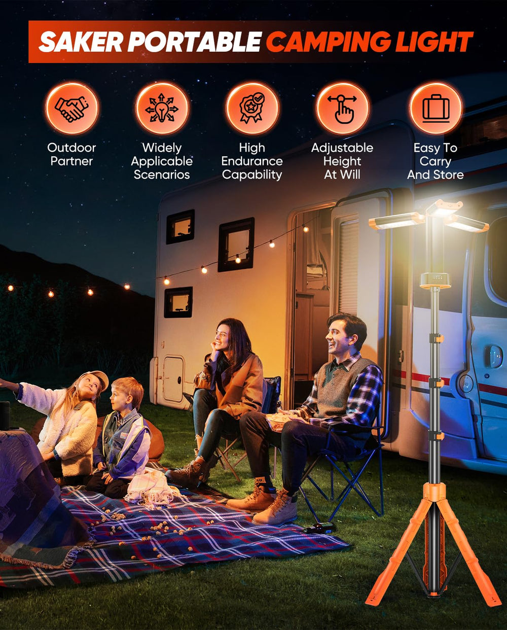 Saker light panels adjustable for multi-directional lighting at campsite
