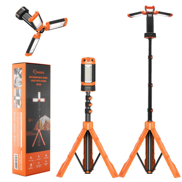 Saker portable camping light stand extended demonstrates adjustable multi-panel illumination for diverse outdoor tasks.